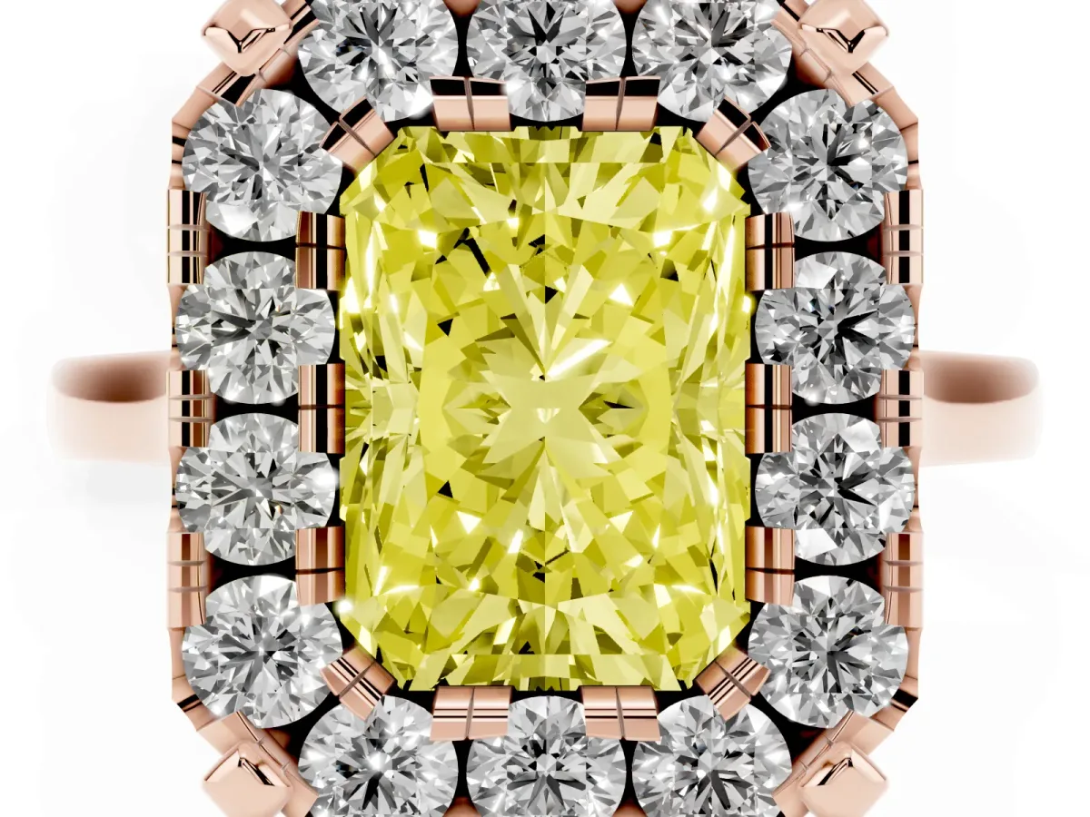 Fancy Yellow Radiant Cut Diamond Cluster Halo Solitaire with Four-Prong Setting Rose gold