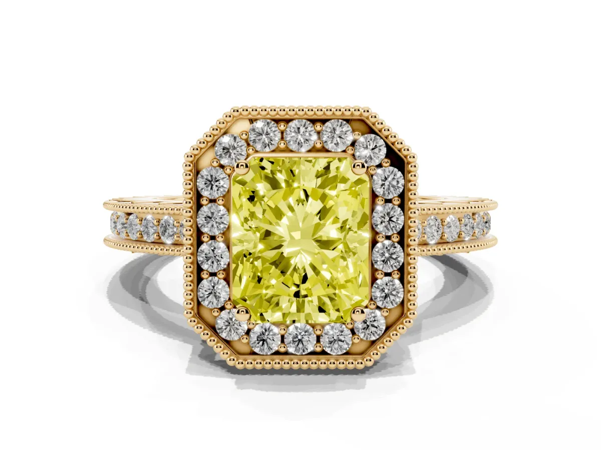 Fancy Yellow Radiant Cut Diamond Milgrain Halo Engagement Ring with Round Pavé Band and Prong Setting Yellow gold