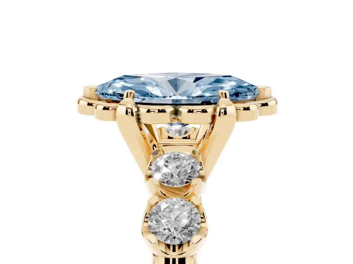 Fancy Blue Marquise Cut Cut Diamond Floral Halo Engagement Ring with Shared Prong Setting Yellow gold