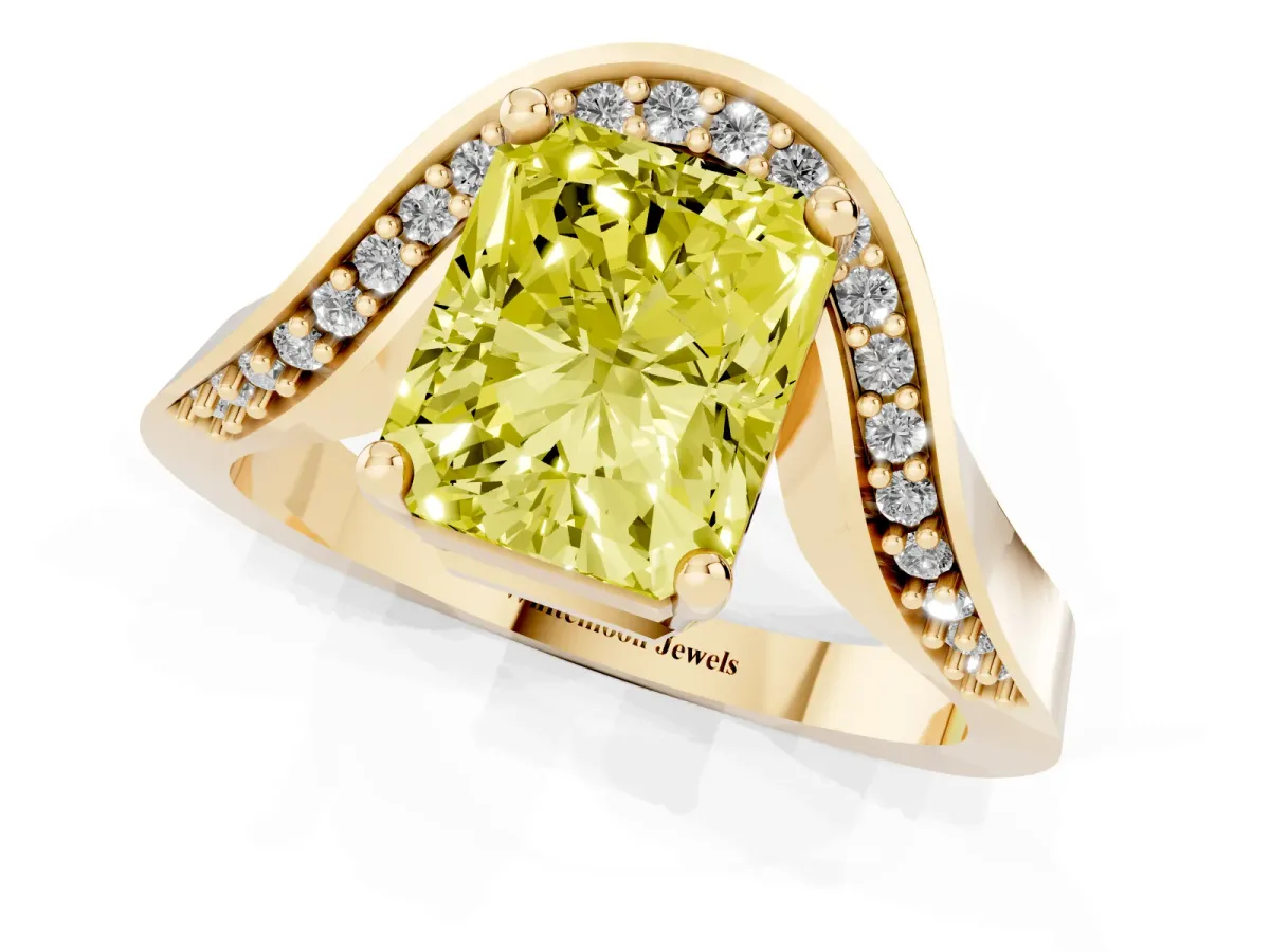 Fancy Yellow Radiant Cut Solitaire Diamond Engagement Ring with Pave Band and Four-Prong Setting Yellow gold