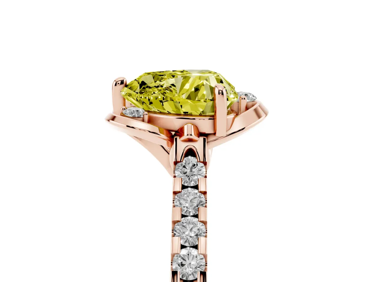 Fancy Yellow Heart Cut Diamond Ring with Pavé Band and Floral Prong Setting Rose gold