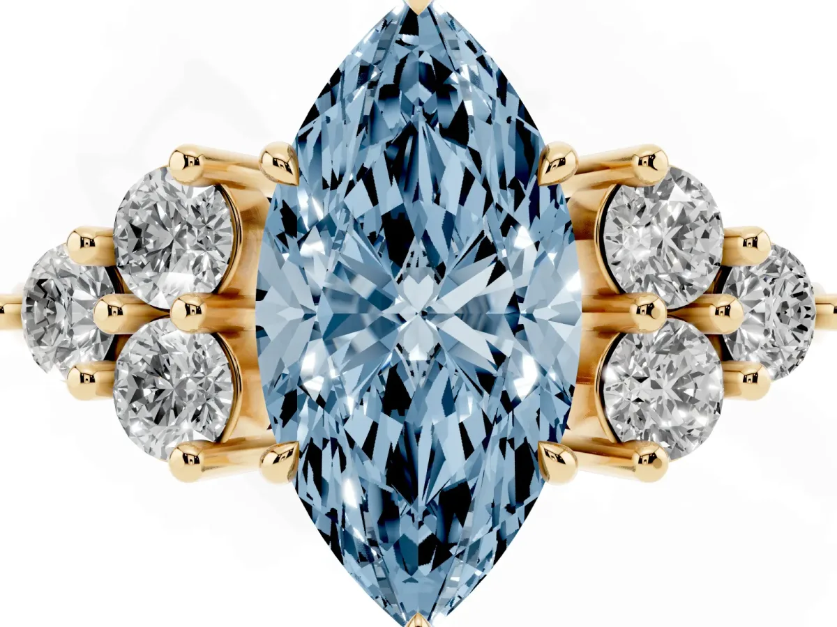 Fancy Blue Marquise Cut Brilliant Diamond Cluster Accent Solitaire Ring with Prong Setting Yellow gold
