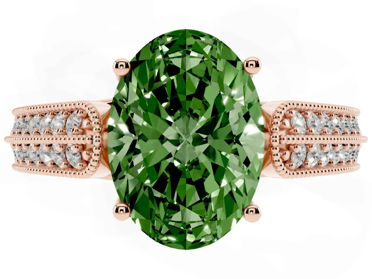 Fancy Green Oval Cut Cut Pave Split Shank Engagement Ring with Four-Prong Setting Rose gold