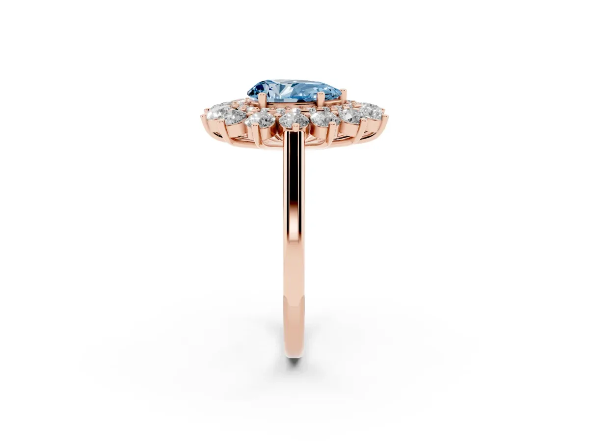 Fancy Blue Pear Cut Diamond Floral Double Halo Engagement Ring with Prong Setting Rose gold