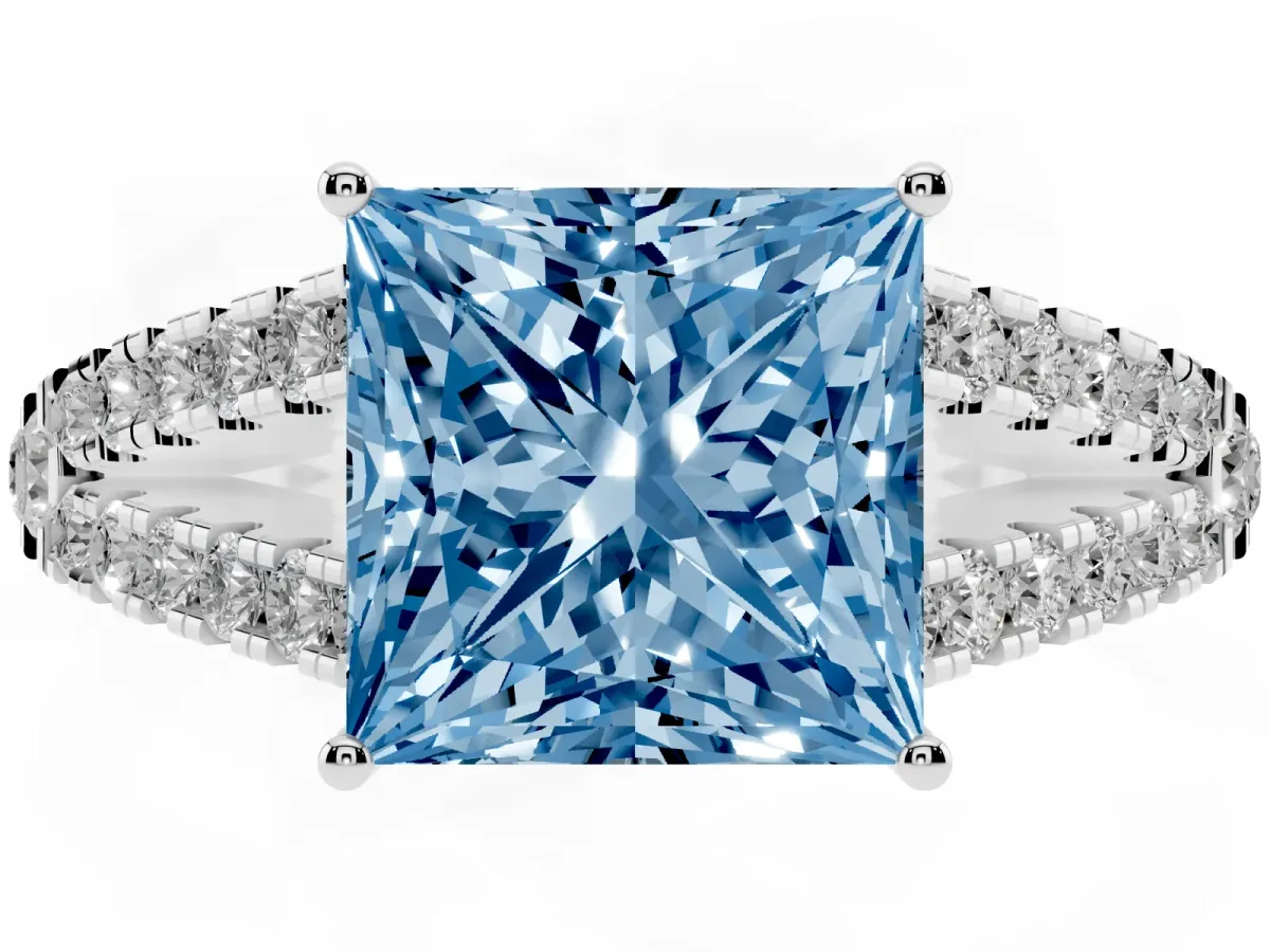 Fancy Blue Princess Cut Diamond Split Shank Engagement Ring with Round Pavé and Prong Setting Platinum