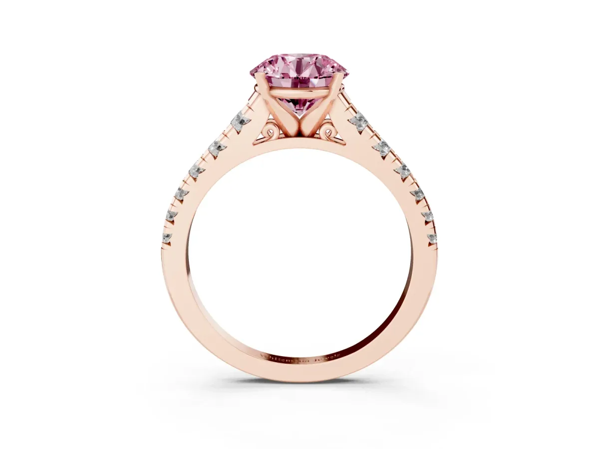 Fancy Pink Round Cut Diamond Cathedral Solitaire Ring with Round Pavé Band Rose gold