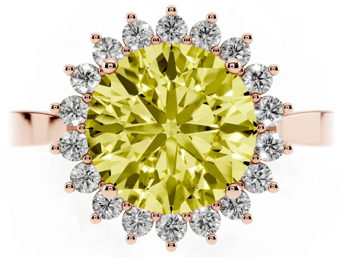 Fancy Yellow Round Cut Cut Diamond Halo Ring with Round Brilliant Halo and Solitaire Band Rose gold
