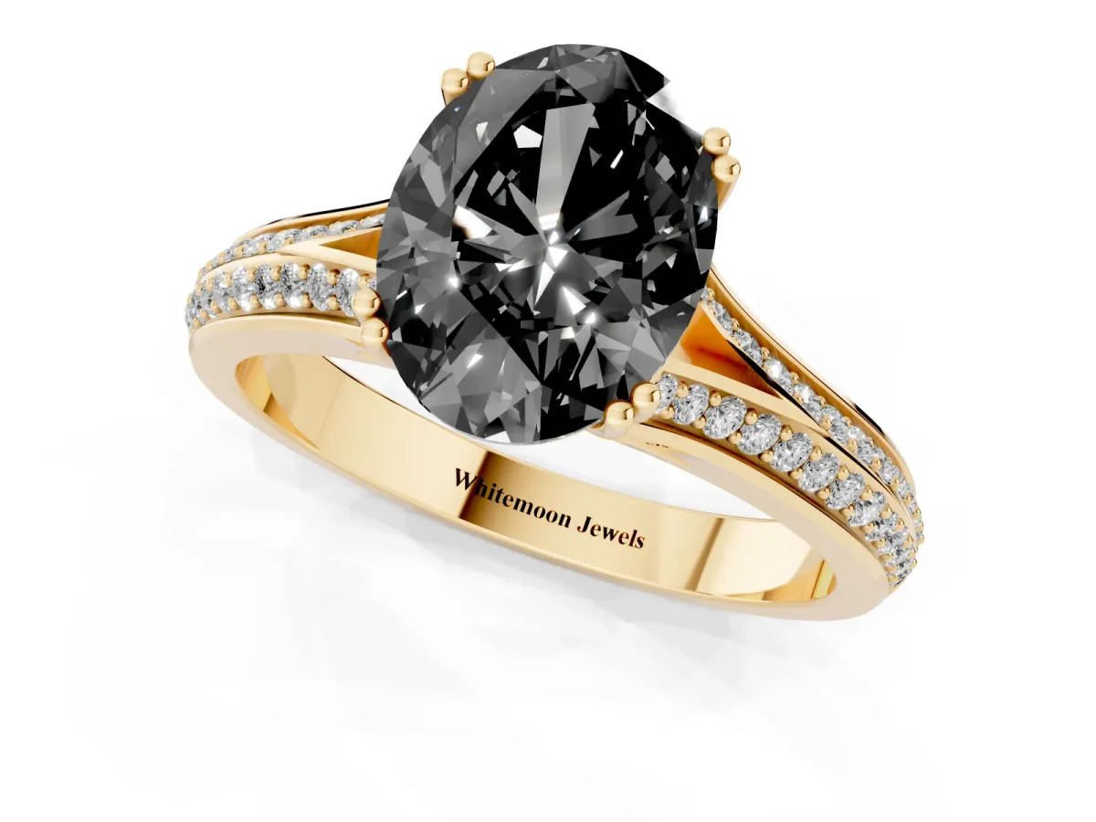 Fancy Black Oval Cut Diamond Split Shank Engagement Ring with Pavé Band Yellow gold