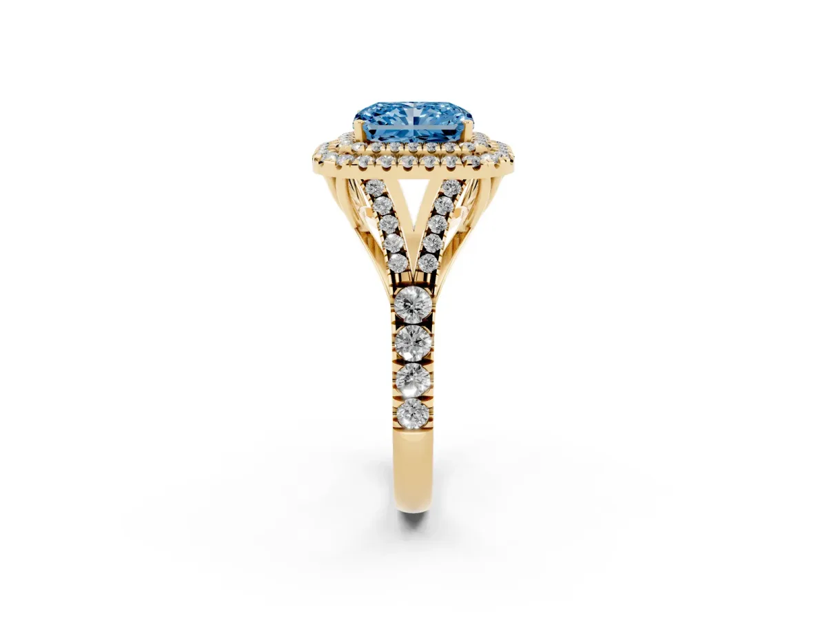 Fancy Blue Radiant Cut Diamond Pavé Split Shank Double Halo Engagement Ring Yellow gold
