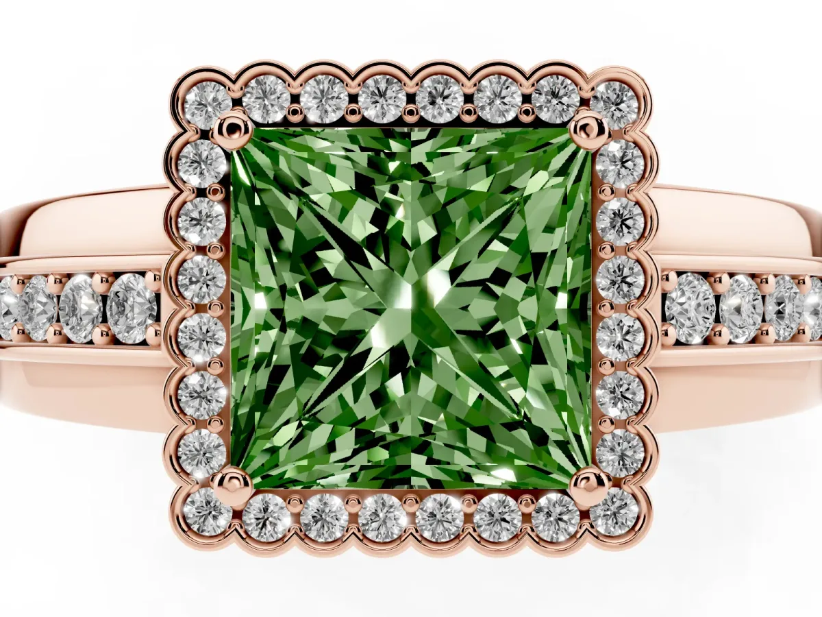 Fancy Green Princess Cut Cut Halo Pave Band Four-Prong Ring Rose gold