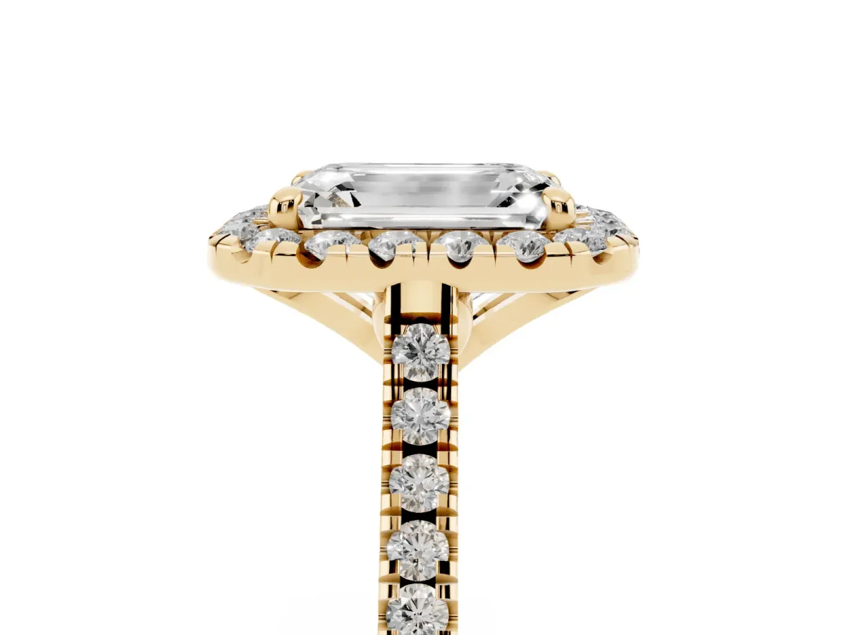 Emerald Cut Diamond Cushion Halo Ring with Pavé Band Yellow gold