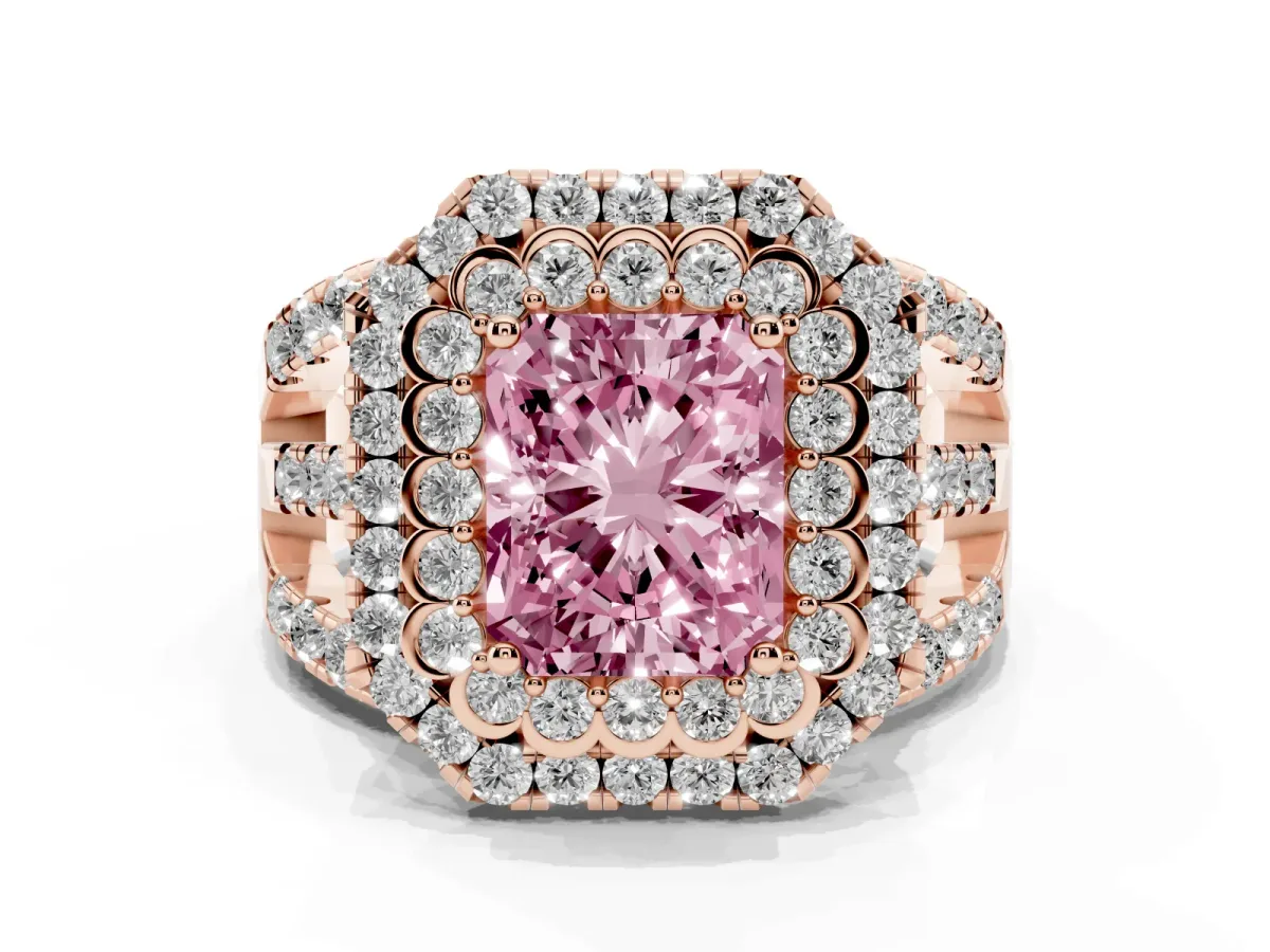 Fancy Pink Radiant Cut Diamond Double Halo Ring with Round Pavé Split Shank and Prong Setting Rose gold