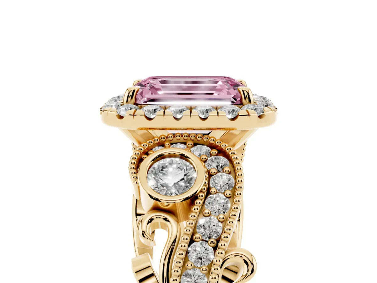 Fancy Pink Emerald Cut Diamond Halo Ring with Milgrain Pavé Band and Four-Prong Setting Yellow gold