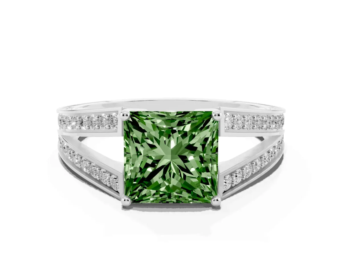 Fancy Green Princess Cut Diamond Split Shank Ring with Pavé Band and Four-Prong Setting Platinum