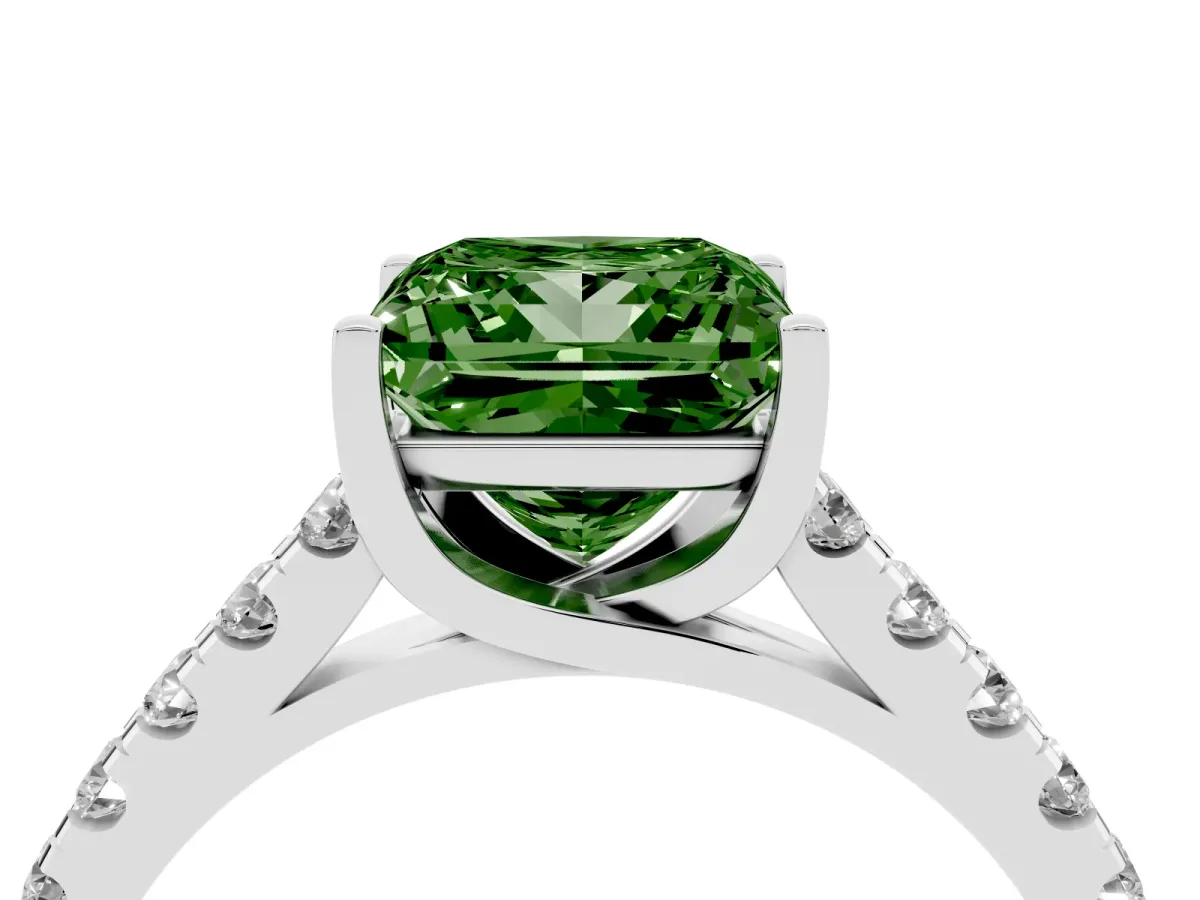 Fancy Green Princess Cut Diamond Pavé Band Solitaire Ring with Prong Setting Silver