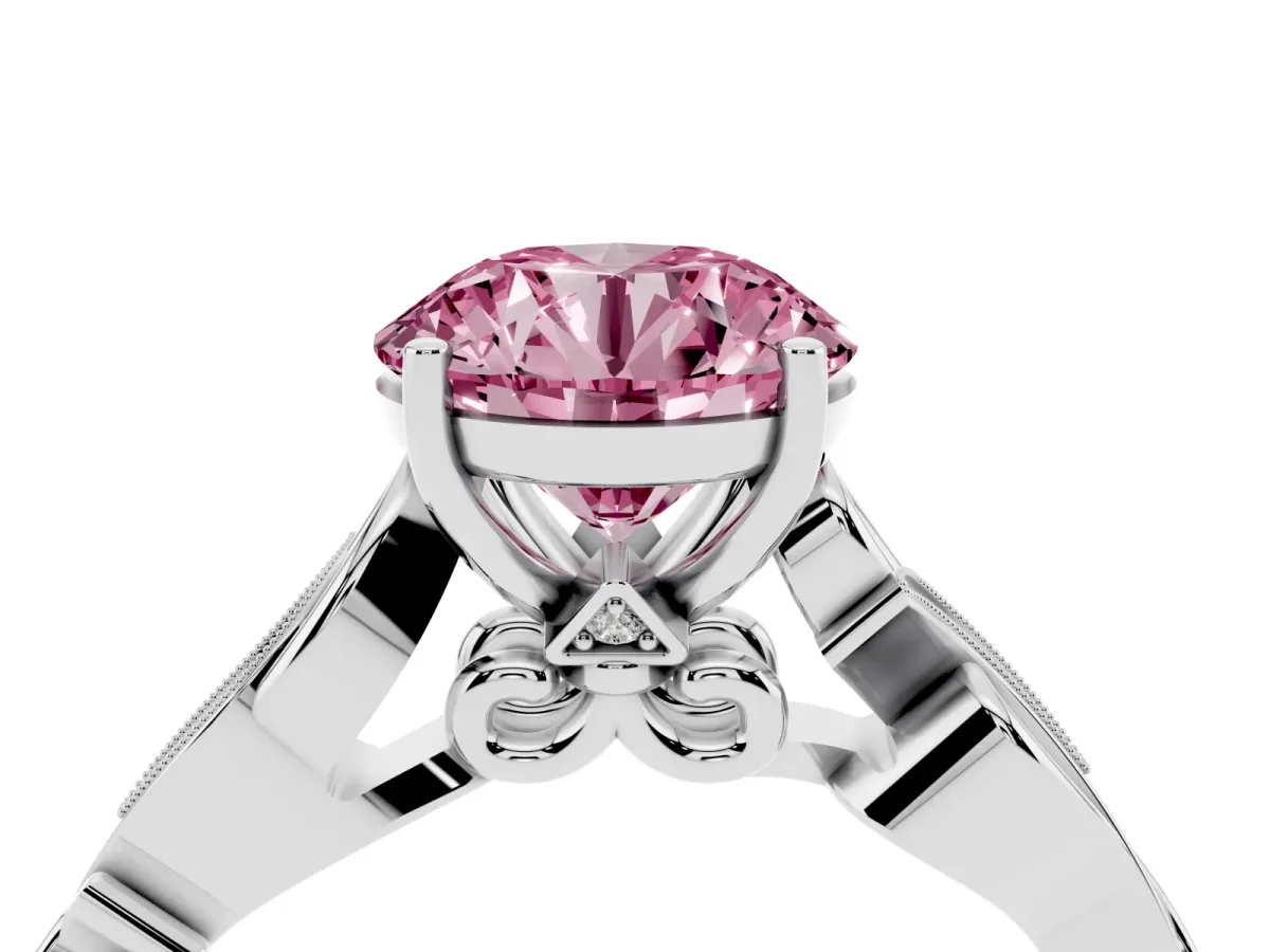 Fancy Pink Round Cut Solitaire Vine Band with Milgrain Prong Setting Silver