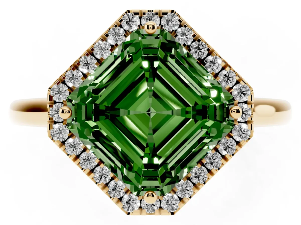 Fancy Green Asscher Cut Halo Round Diamond Solitaire Engagement Ring with Pave Band and Four-Prong Setting Yellow gold