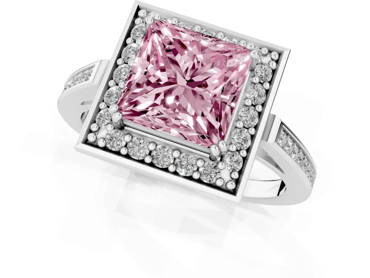 Fancy Pink Princess Cut Diamond Halo Ring with Split Shank and Four-Prong Setting Silver