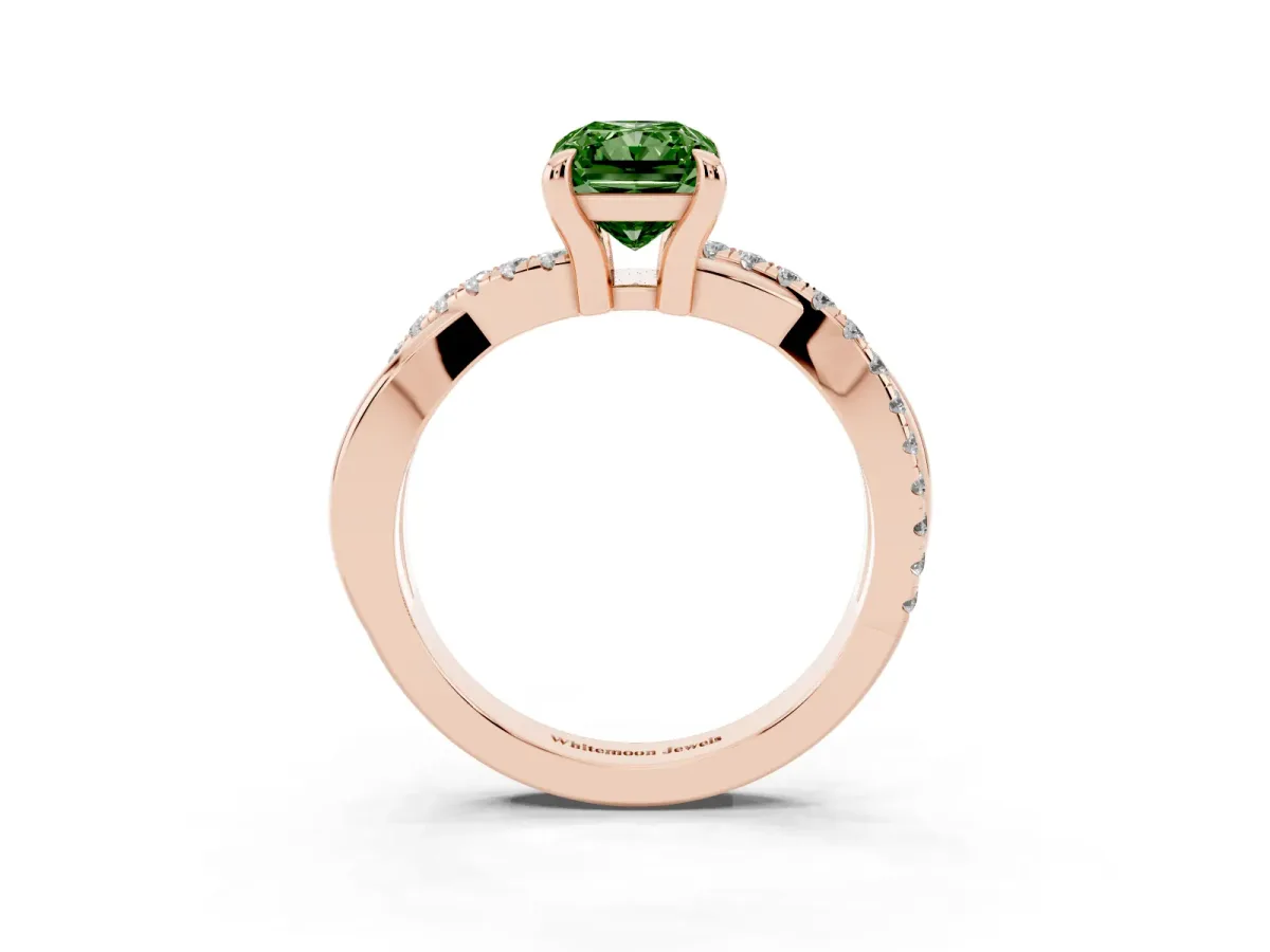 Fancy Green Radiant Cut Cut Diamond Twist Band Solitaire with Prong Setting Rose gold