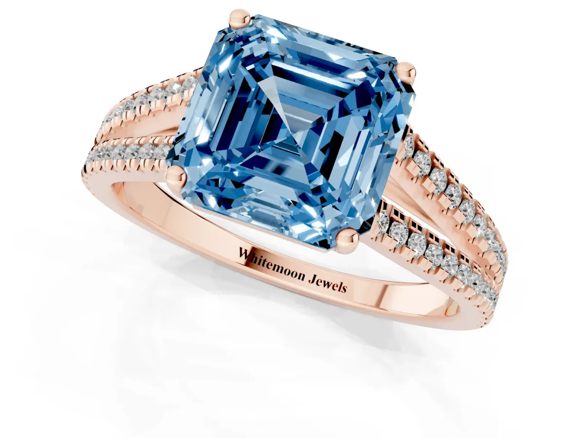 Fancy Blue Asscher Cut Diamond Solitaire Engagement Ring with Split Shank Pavé Band Rose gold