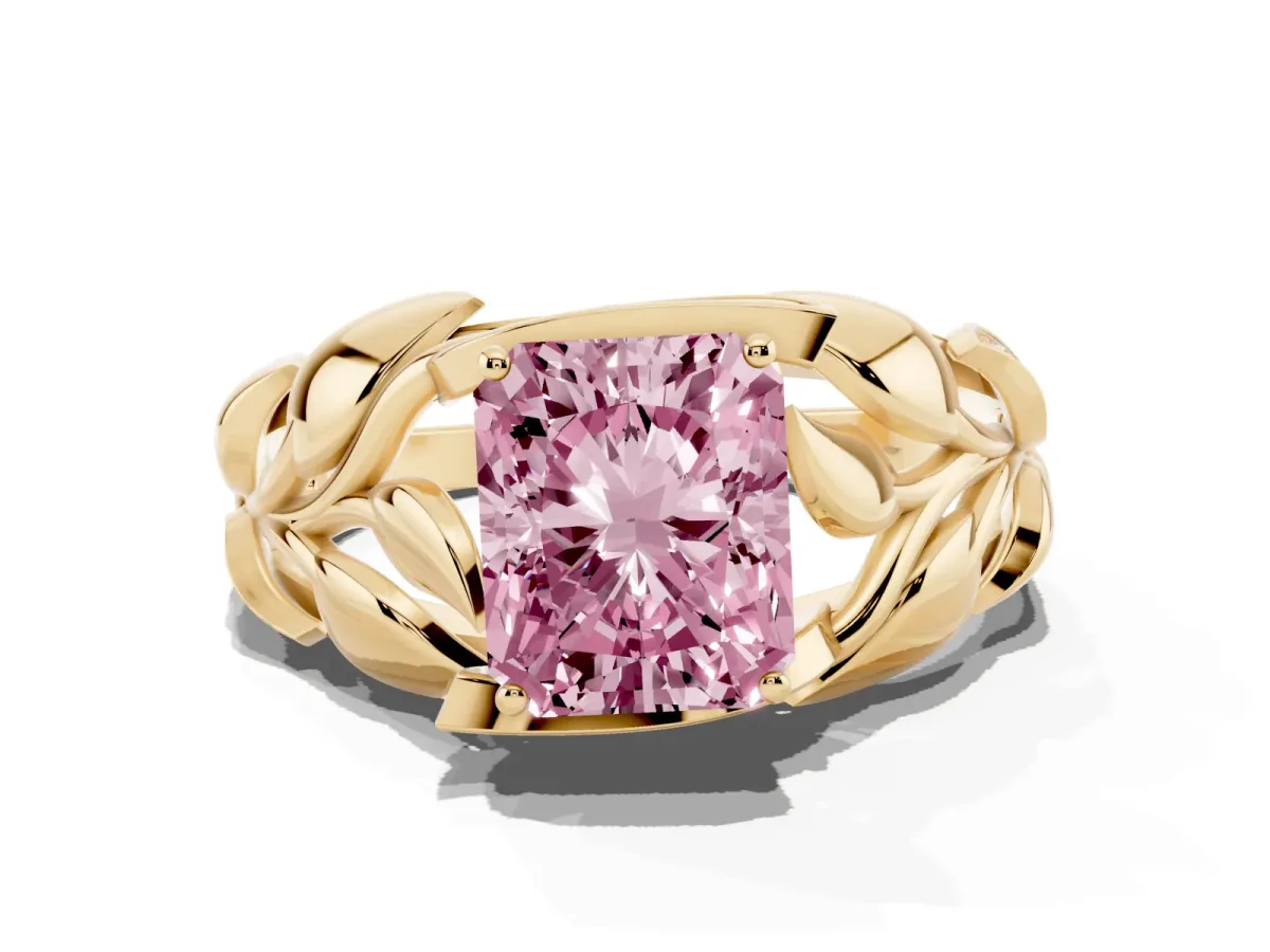 Fancy Pink Radiant Cut Diamond Leaf-Inspired Engagement Ring with Round Accents and Prong Setting Yellow gold