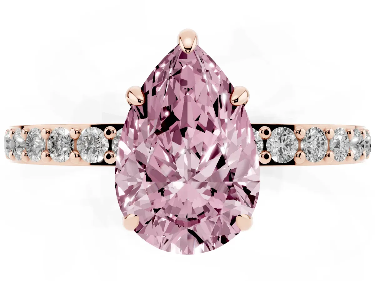Fancy Pink Pear Cut Diamond Pavé Engagement Ring with Round Accents and Prong Setting Rose gold
