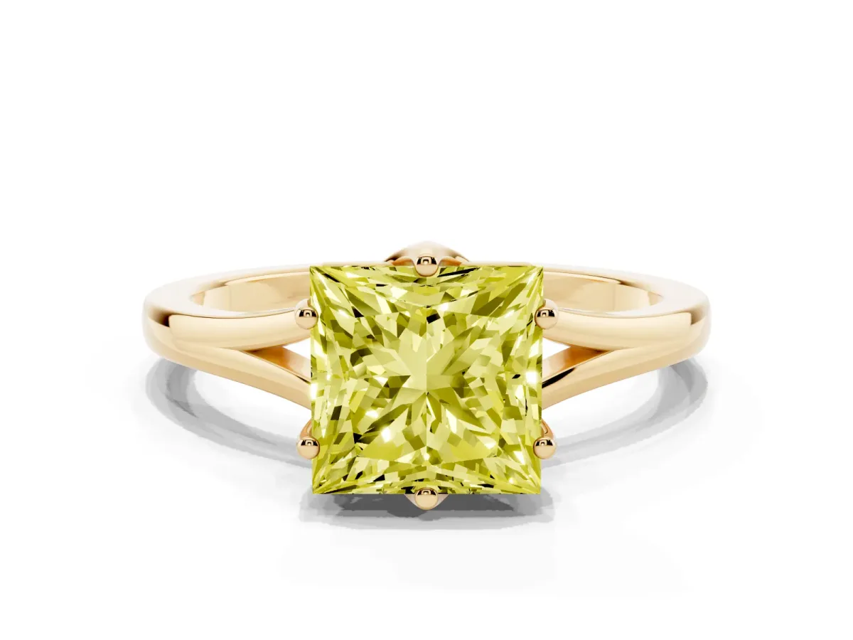 Fancy Yellow Princess Cut Solitaire Diamond Ring with Six-Prong Setting and Tapered Band Yellow gold