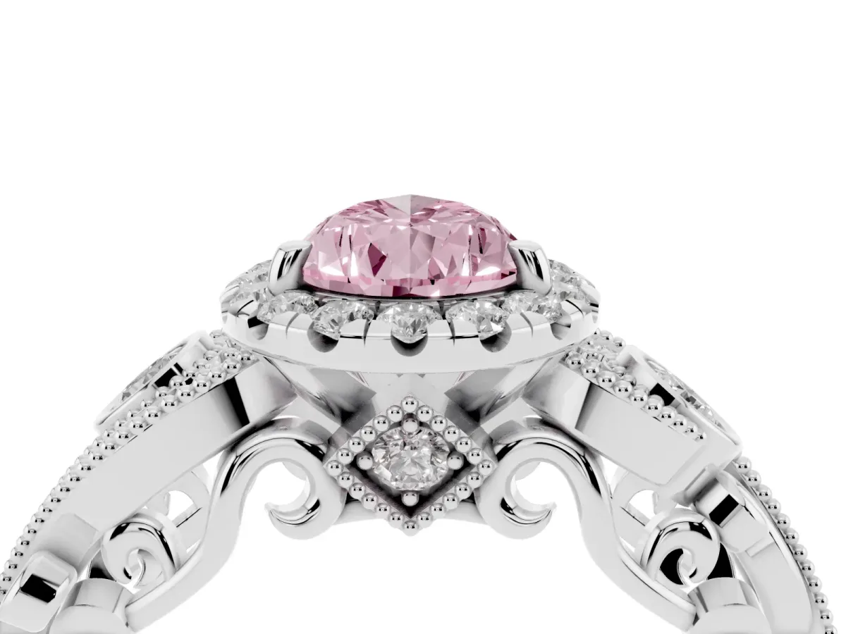 Fancy Pink Pear Cut Diamond Halo Ring with Milgrain Pavé Band and Four-Prong Setting Silver