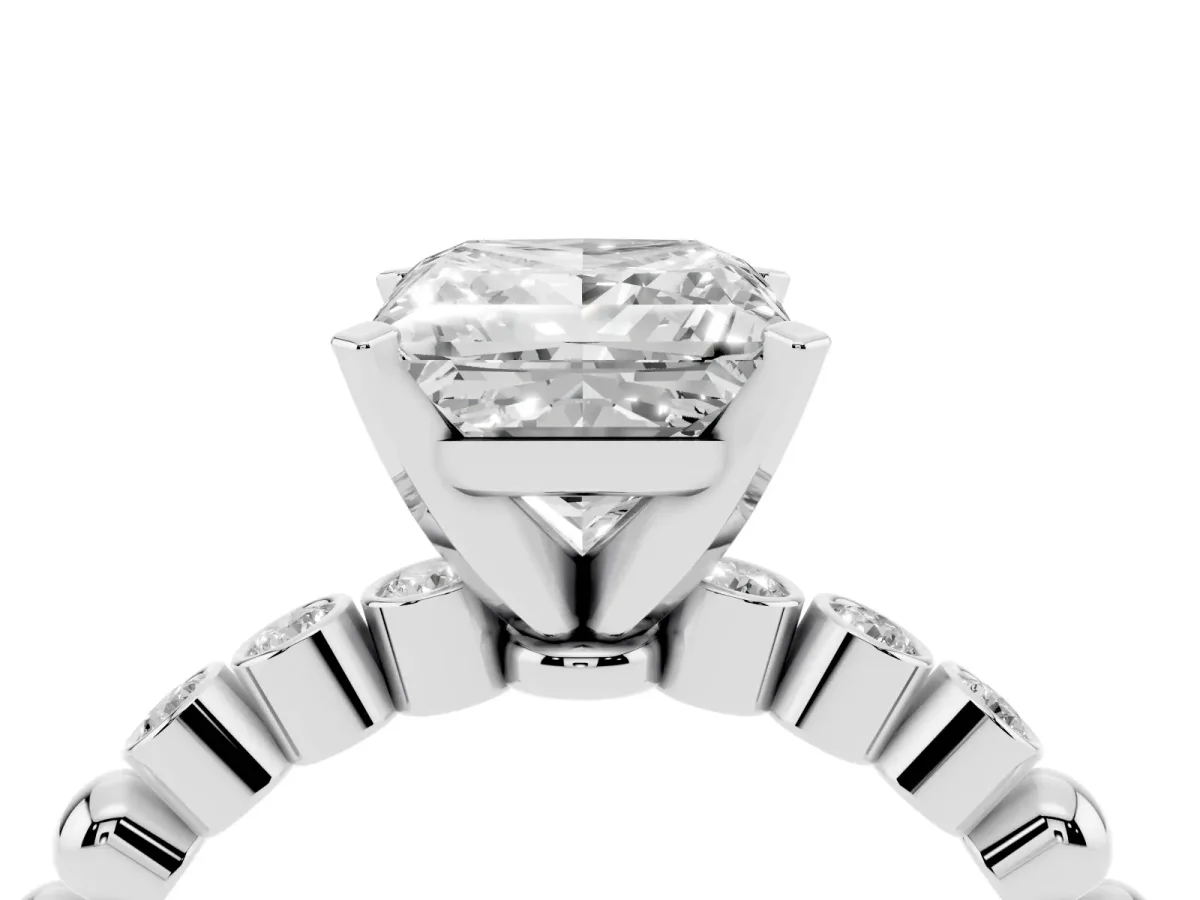 Princess Cut Solitaire Bezel Accent Diamond Engagement Ring with Beaded Band and Four-Prong Setting Platinum