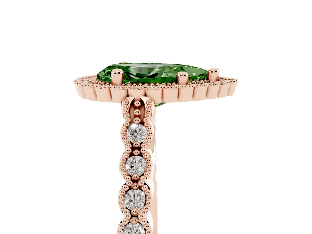 Fancy Green Pear Cut Cut Halo Pavé Solitaire Ring with Milgrain Band Rose gold