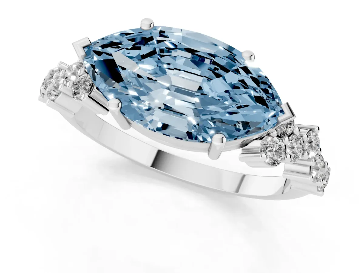 Fancy Blue Marquise Cut Diamond Scattered Round Accent Ring with Prong Setting White gold