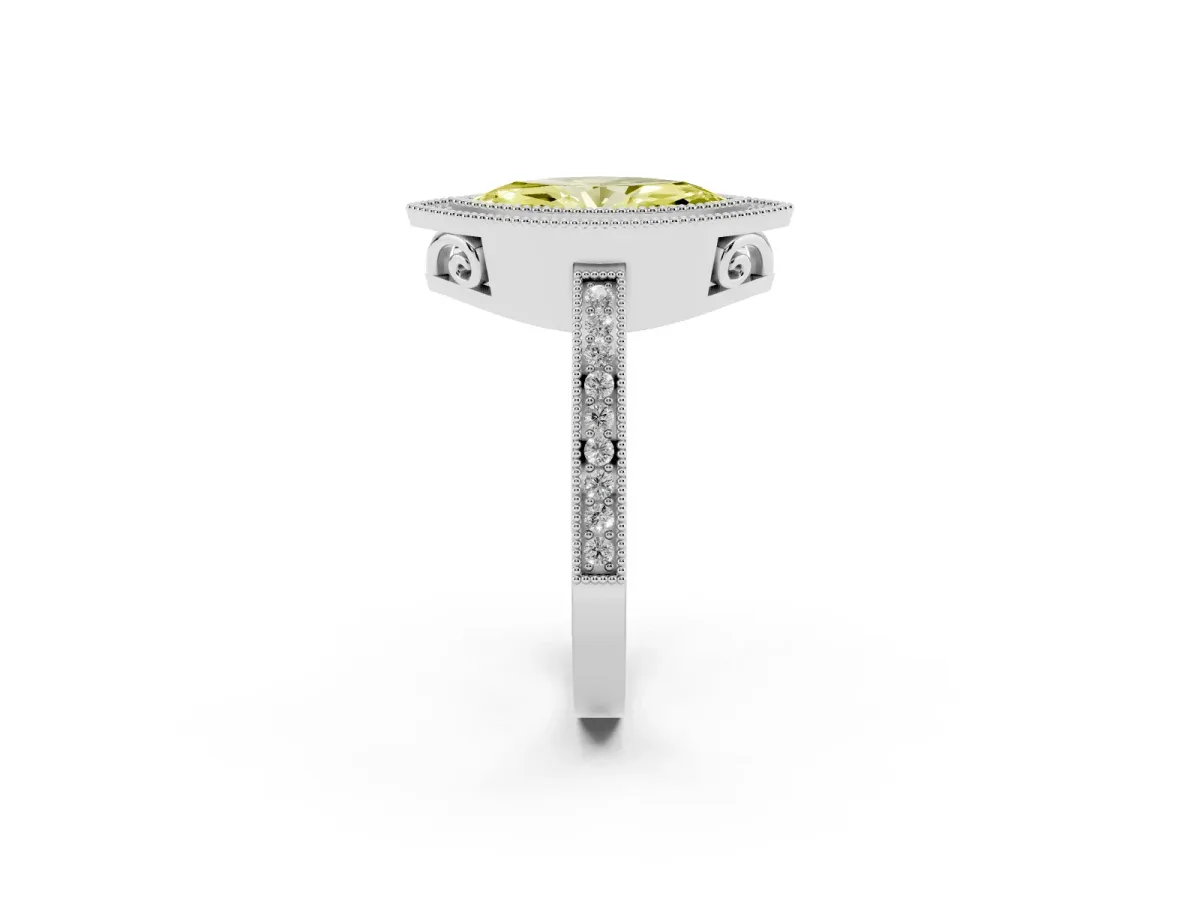 Fancy Yellow Marquise Cut Cut Halo Diamond Ring with Pavé Band and Milgrain Prong Setting Silver