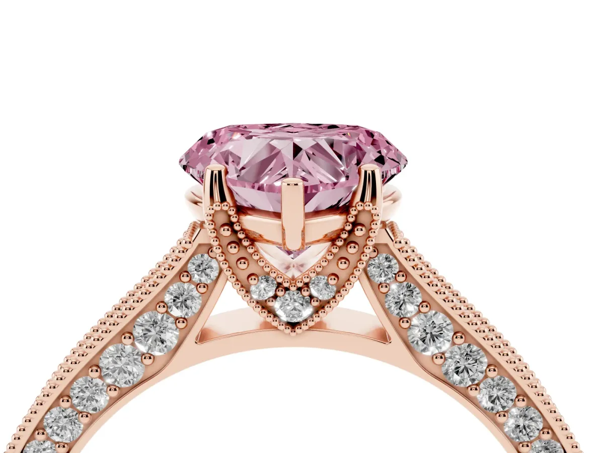 Fancy Pink Heart Cut Cut Diamond Solitaire Ring with Milgrain Pave Band and Four Prong Setting Rose gold