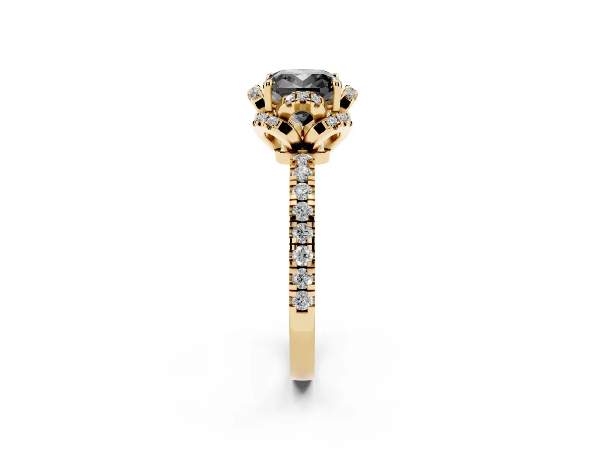Fancy Black Cushion Cut Diamond Halo Pave Band with Four-Prong Setting Yellow gold