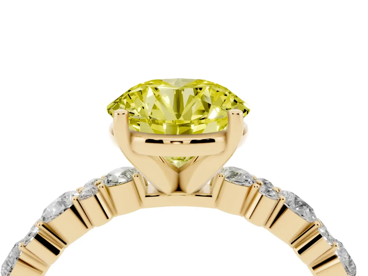 Fancy Yellow Round Cut Diamond Side Stone Solitaire Ring with Round and Four-Prong Setting Yellow gold
