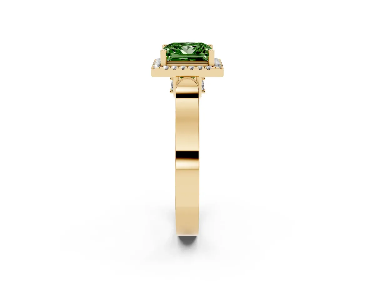 Fancy Green Princess Cut Halo Round Diamond Twist Band with Four-Prong Setting Yellow gold
