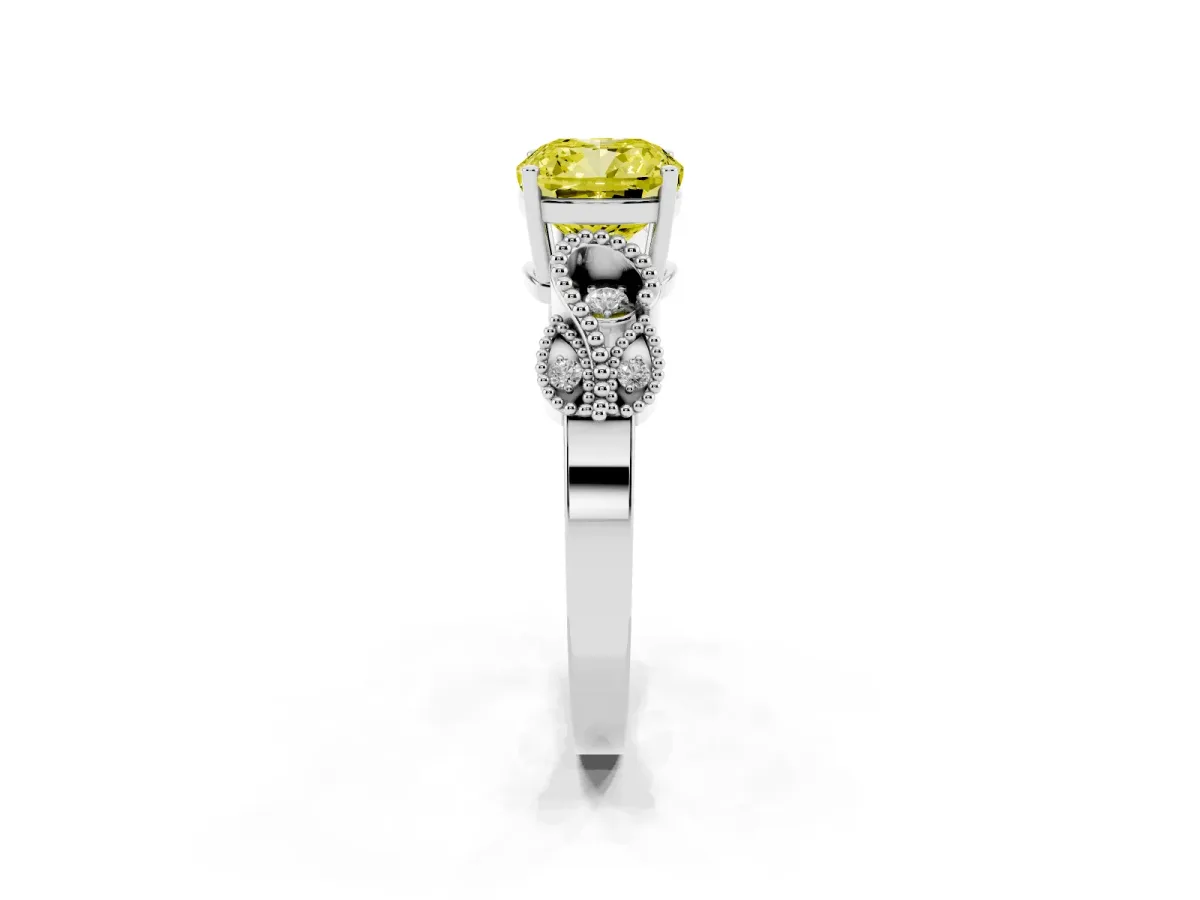 Fancy Yellow Cushion Cut Solitaire Milgrain Leaf Band with Prong Setting Platinum