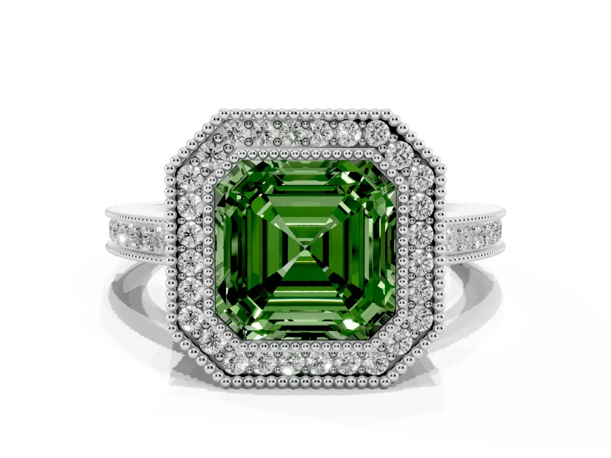 Fancy Green Asscher Cut Cut Halo Diamond Ring with Pavé Band and Milgrain Prong Setting Silver