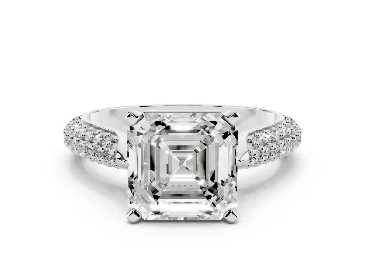 Asscher Cut Diamond Solitaire Engagement Ring with Multi-Row Round Pavé Band and Prong Setting Silver