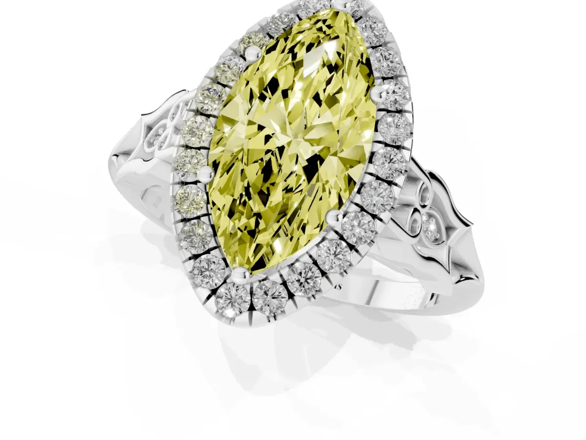Fancy Yellow Marquise Cut Halo Diamond Engagement Ring with Filigree Band and Four-Prong Setting Platinum