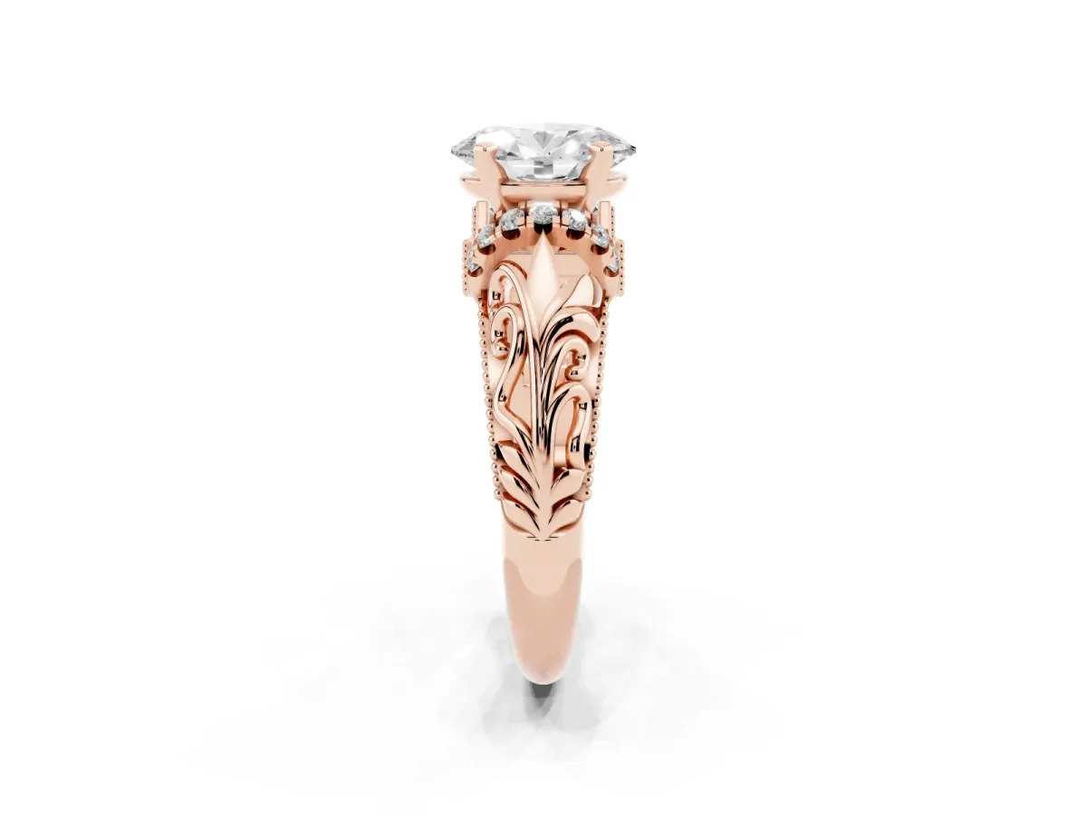 Oval Cut Solitaire Filigree Engagement Ring with Halo and Prong Setting Rose gold