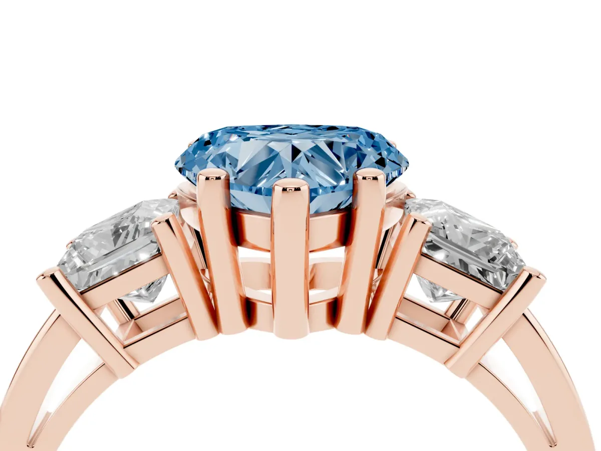 Fancy Blue Three-Stone Heart Cut Cut Solitaire Ring with Prong Setting Rose gold