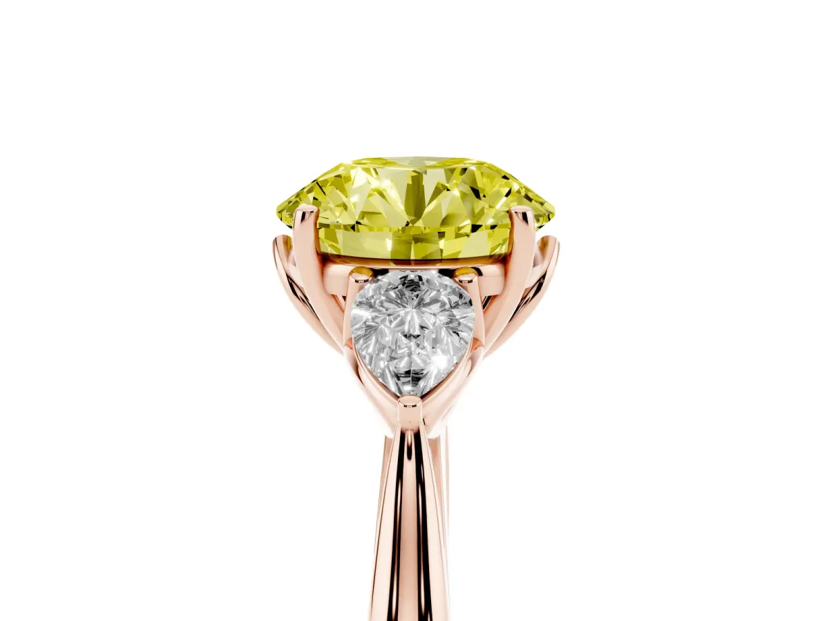 Fancy Yellow Round Cut Diamond Three-Stone Ring with Pear Side Stones and Prong Setting Rose gold