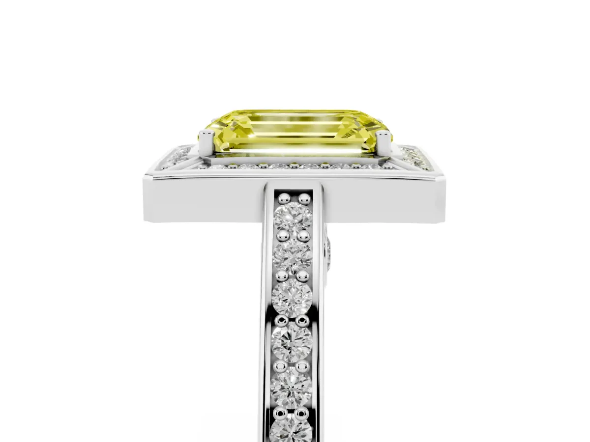 Fancy Yellow Emerald Cut Cut Halo Pave Split Shank Prong Setting Ring Silver