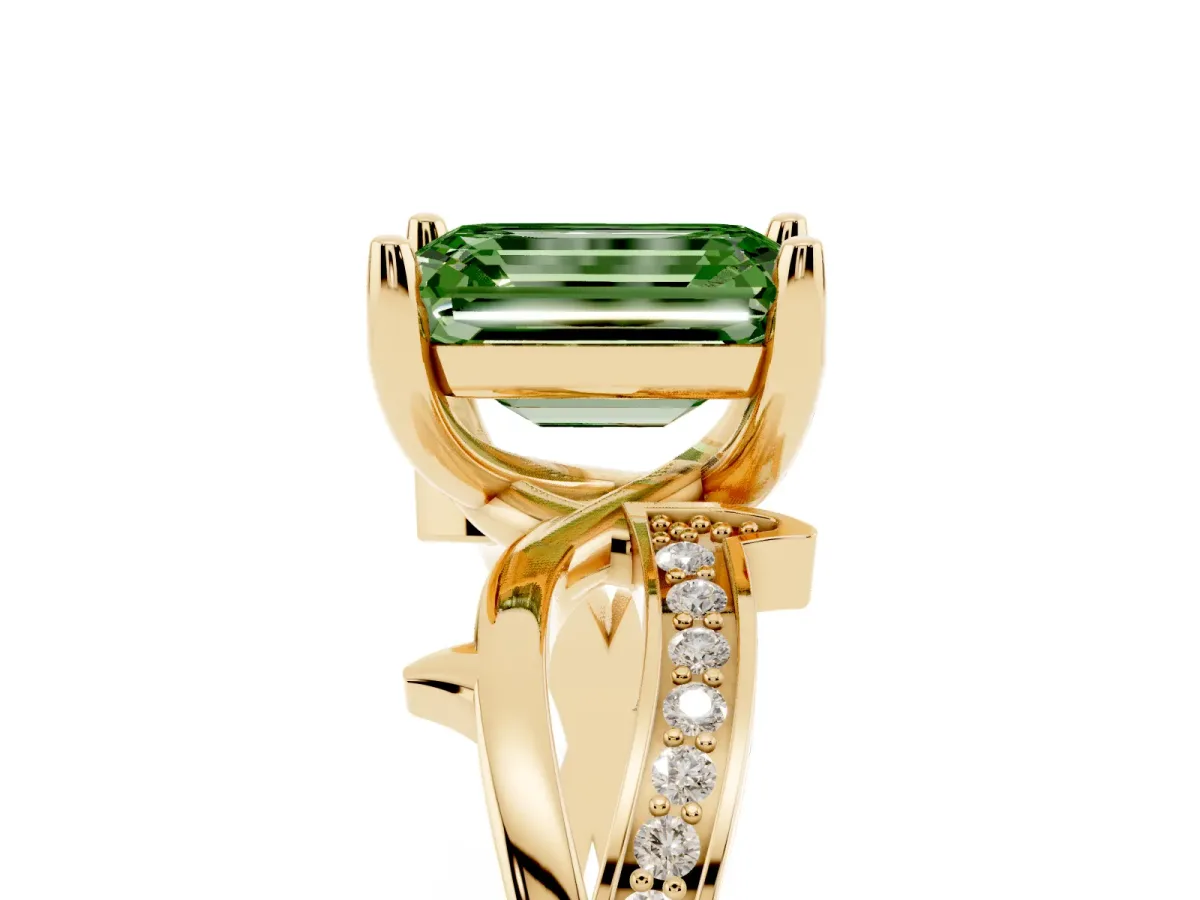 Fancy Green Emerald Cut Solitaire Twist Band with Pavé Accents and Four-Prong Setting Yellow gold