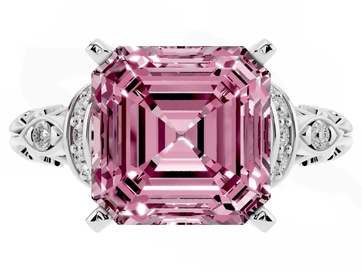 Fancy Pink Asscher Cut Diamond Solitaire Ring with Filigree Band and Four-Prong Setting Silver