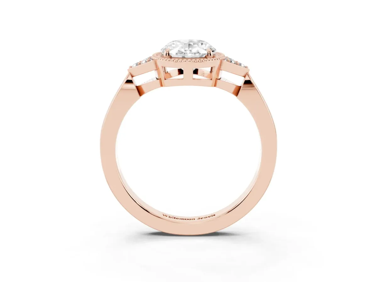 Oval Cut Diamond Halo Ring with Tapered Band and Four-Prong Setting Rose gold
