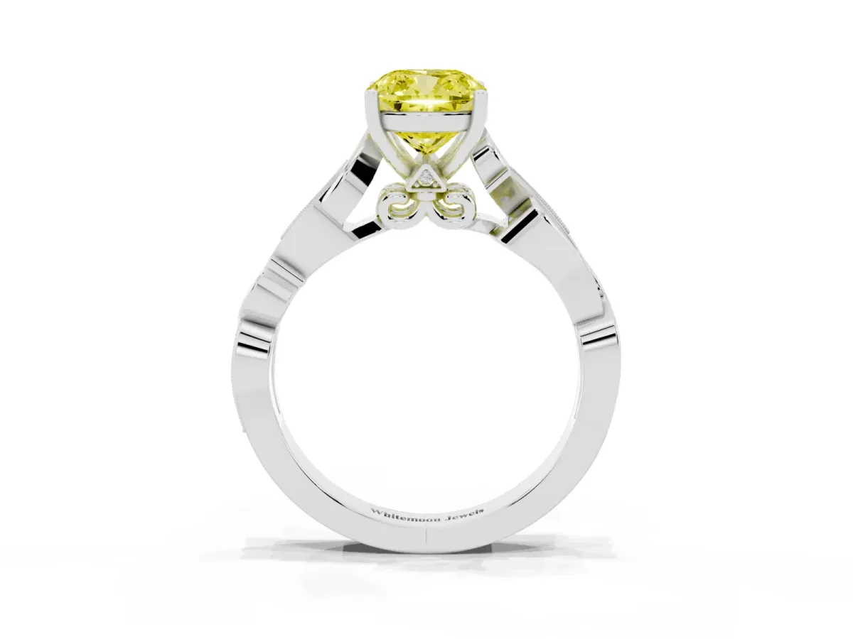 Fancy Yellow Cushion Cut Solitaire Vine Band with Milgrain Prong Setting Silver