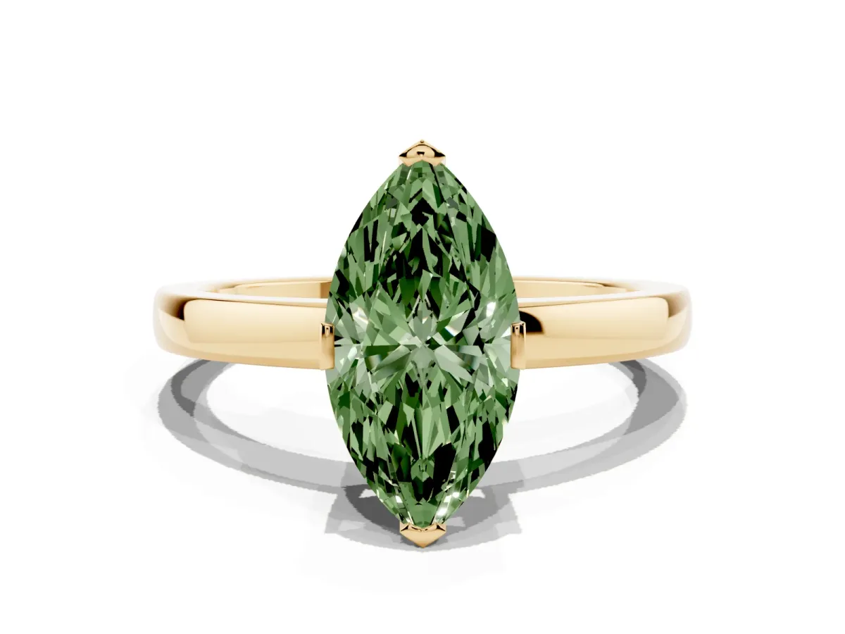 Fancy Green Marquise Cut Cut Solitaire Ring with Four-Prong Setting and Classic Band Yellow gold