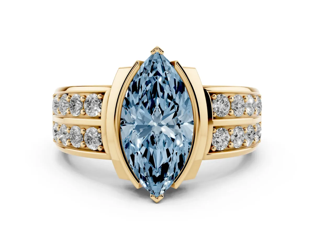 Fancy Blue Marquise Cut Brilliant Diamond Channel Set Wide Band Ring with Bezel Setting Yellow gold